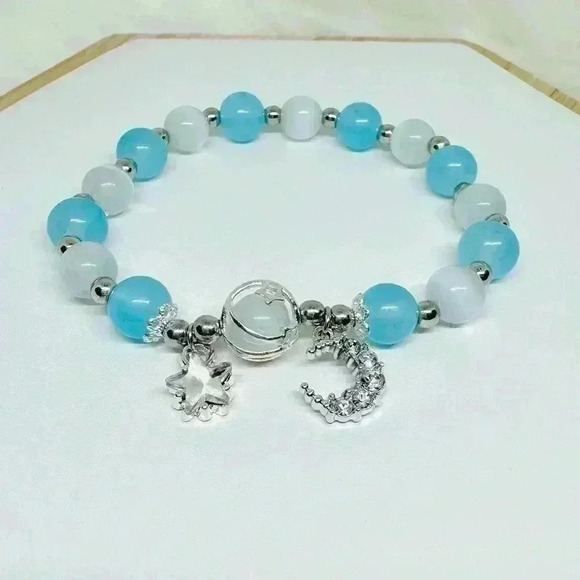 Blue Beaded Bracelet with Moon charm fancy statement bracelet - Picture 1 of 4